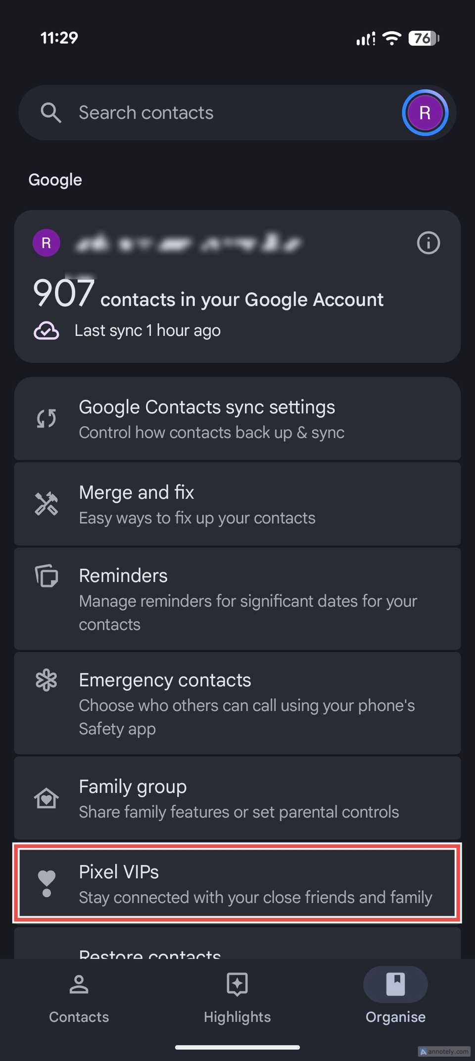 The Organize menu in Google Contacts, with the Pixel VIPs option highlighted.