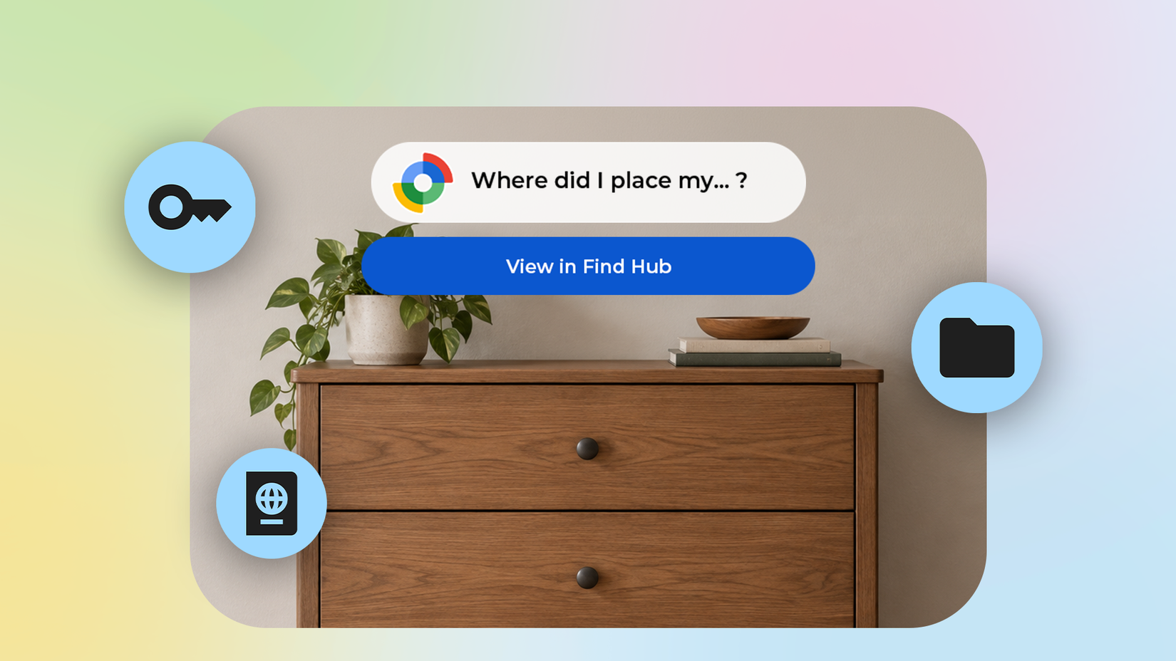 Richiesta di ricerca di Google Find Hub mostrata sopra una cassettiera con icone per chiavi, passaporto e documenti.
