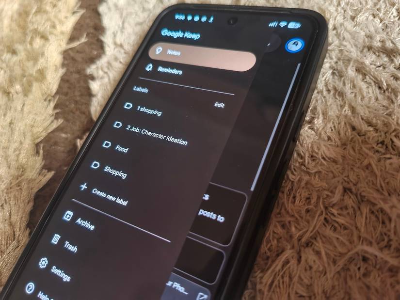 Smartphone displaying Google Keep side navigation menu with labels sorted in ASCII format