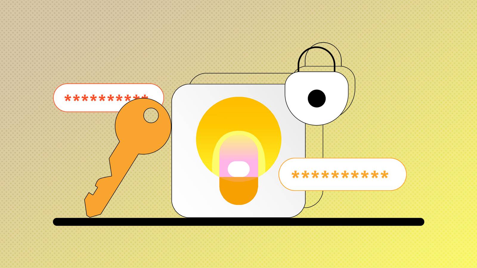 Google Keep icon with a key, padlock, and password fields.