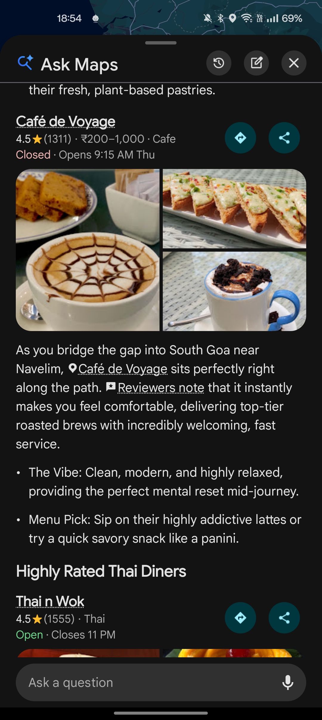 Google Maps Ask Maps recommeding a cafe during a route