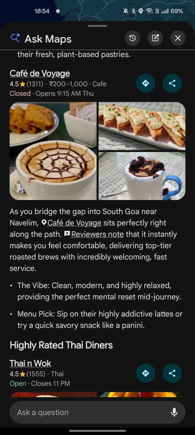 Google Maps Ask Maps recommeding a cafe during a route