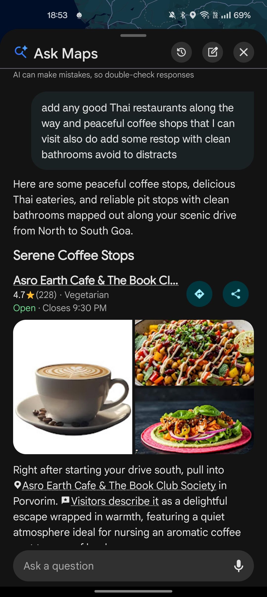 Google Maps Ask Maps recommeding coffee spots during a route