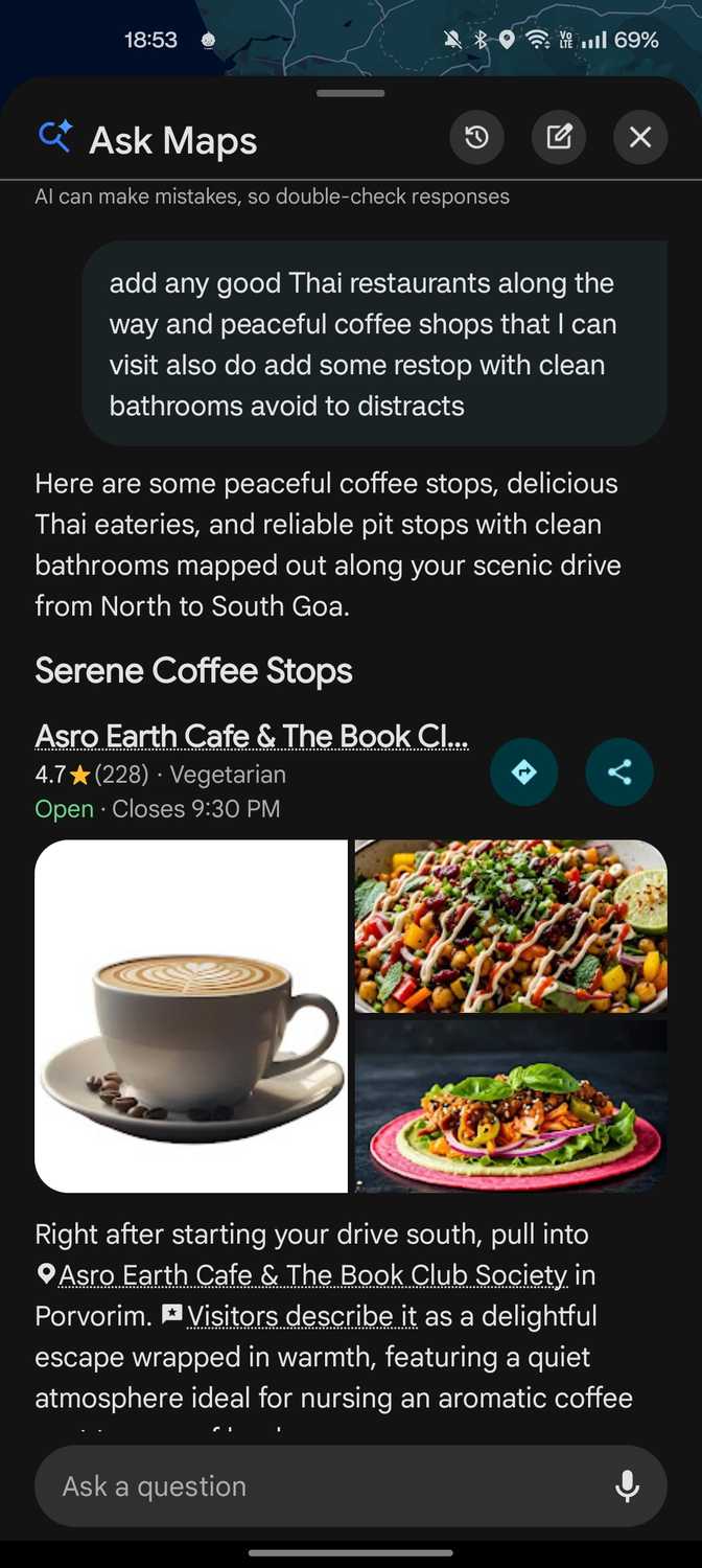 Google Maps Ask Maps recommeding coffee spots during a route