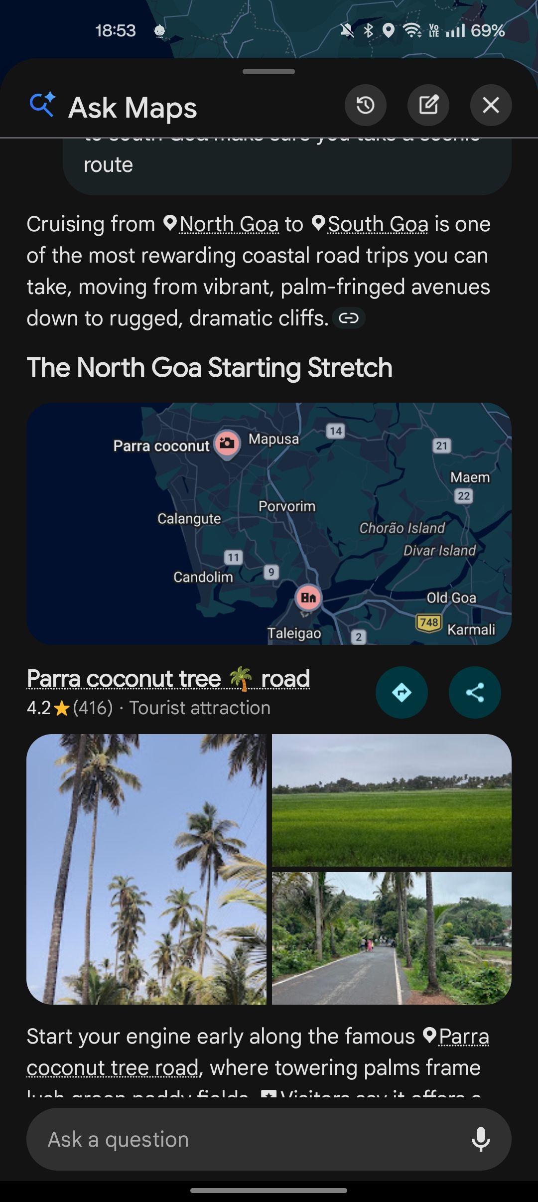 Google Maps Ask Maps feature showing a scenic route
