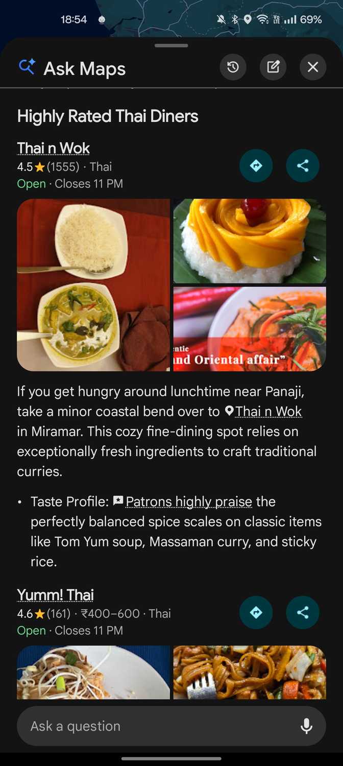 Google Maps Ask Maps recommeding a thai restaurant during a route