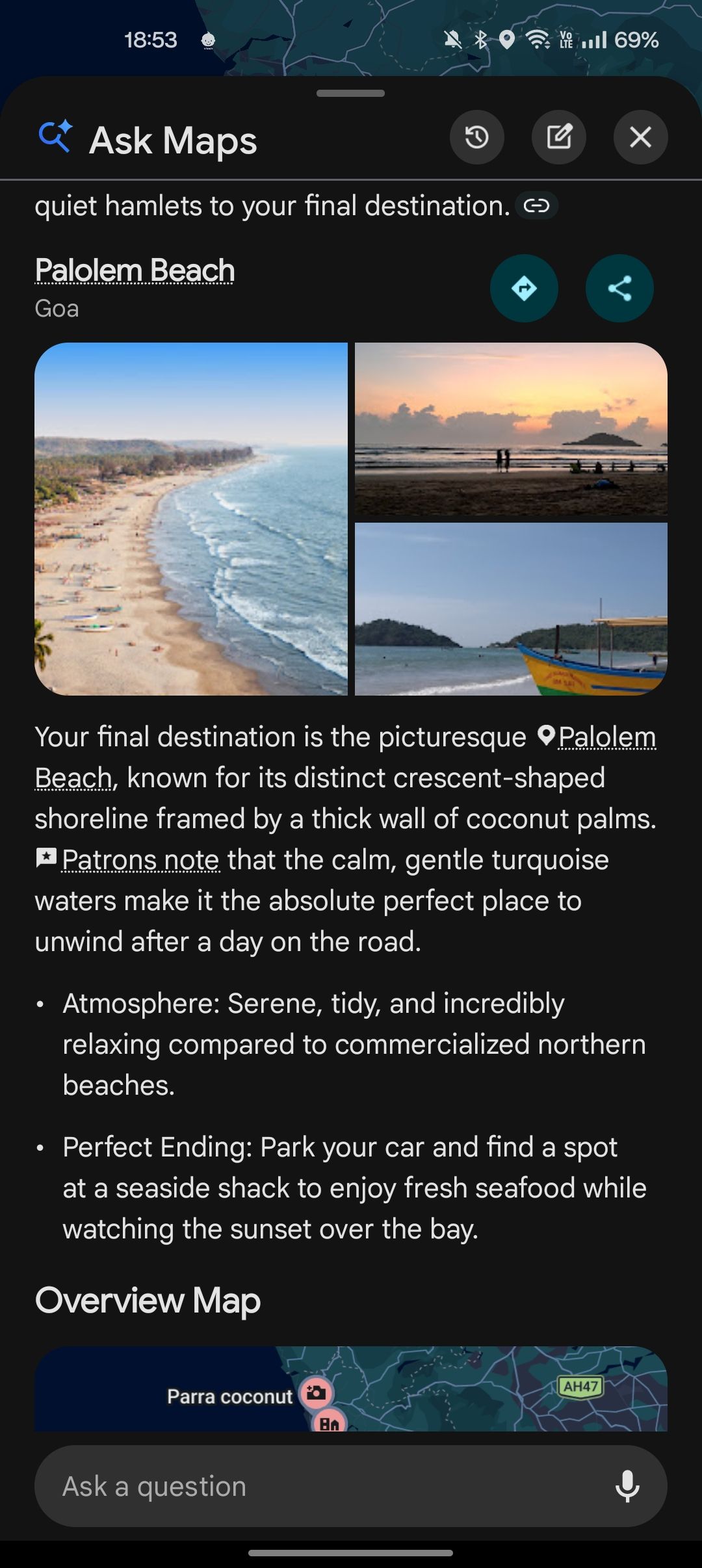 Google Maps Ask Maps showing beach for a route