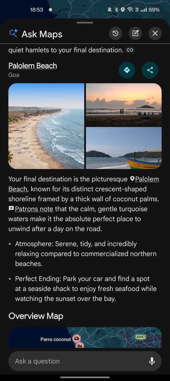 Google Maps Ask Maps showing beach for a route