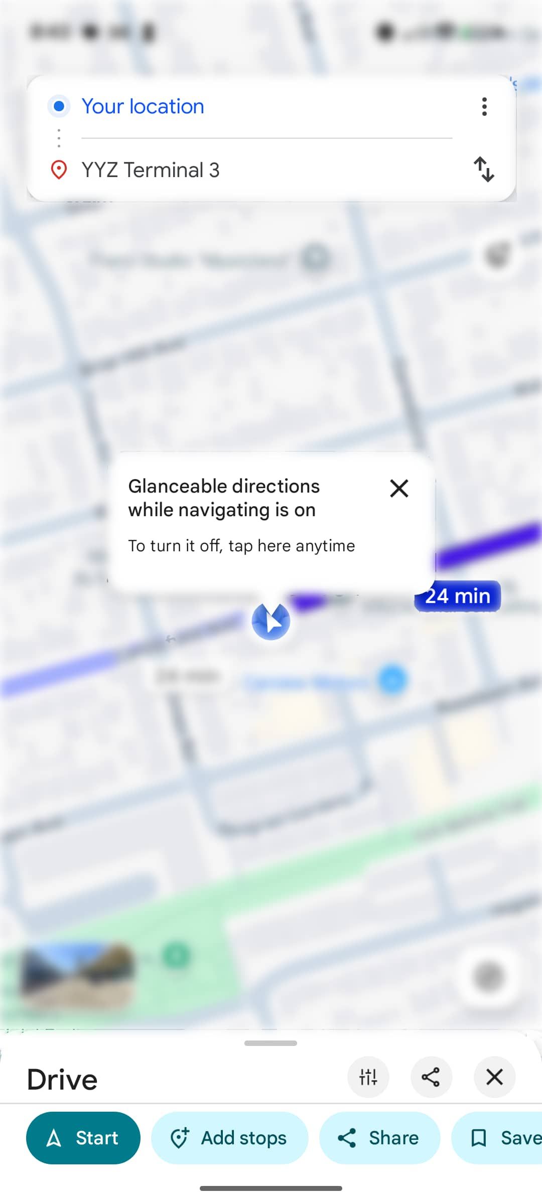 Google Maps on Pixel showing glanceable directions alert