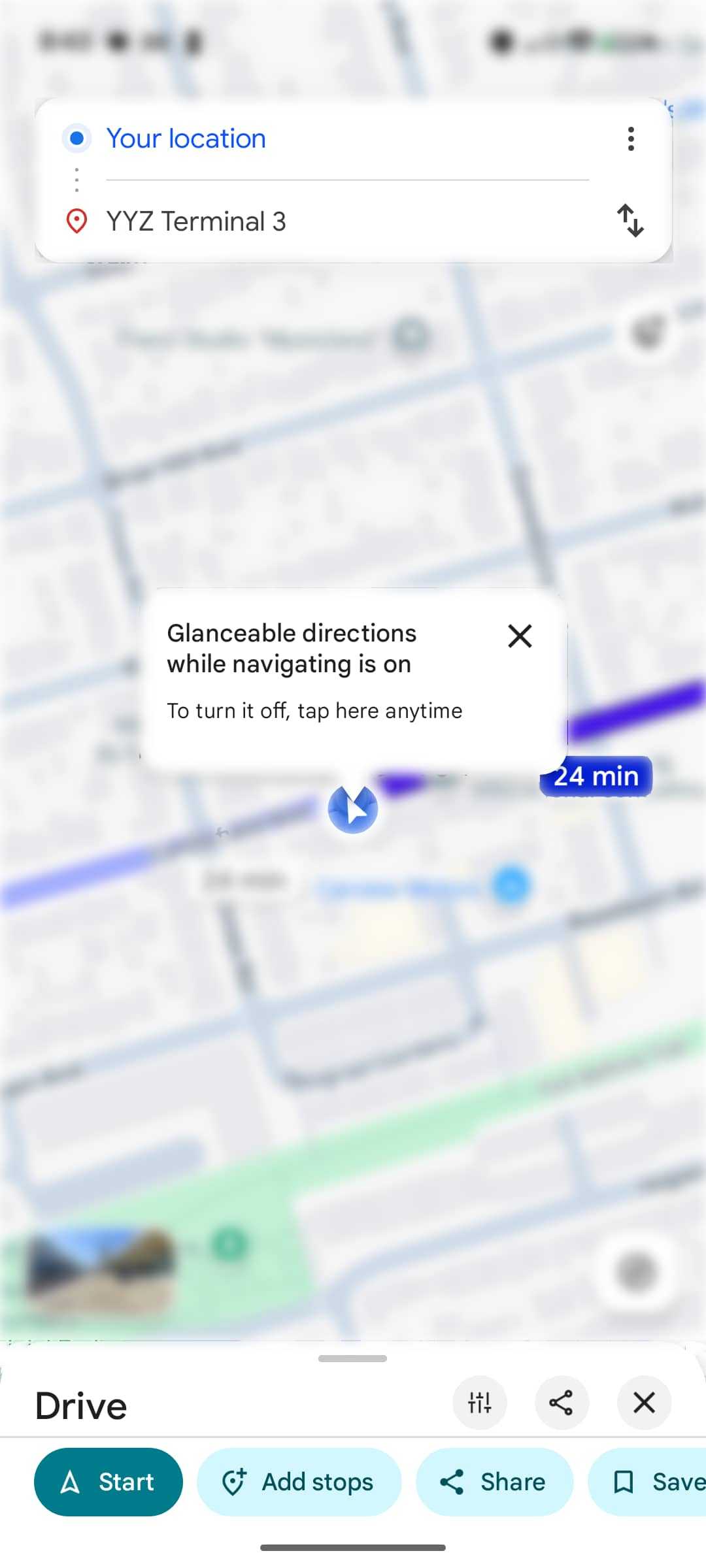 Google Maps on Pixel showing glanceable directions alert