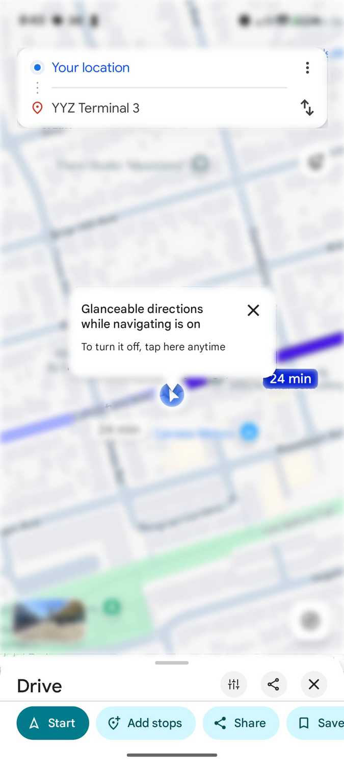 Google Maps on Pixel showing glanceable directions alert