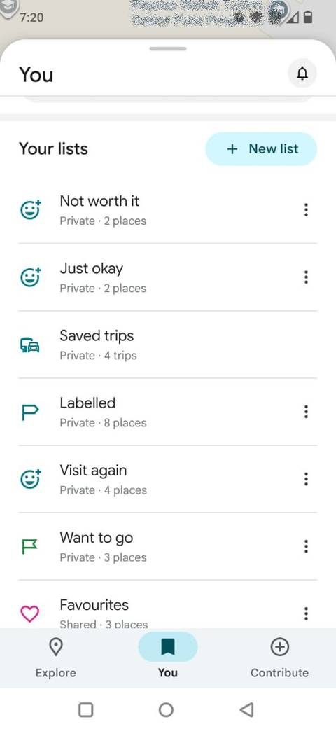 Screenshot showing saved lists in Google Maps