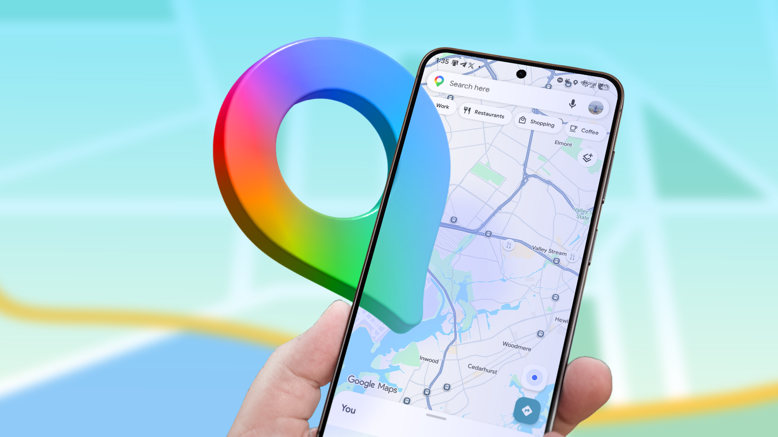 Google Maps open on an Android phone with the Maps pin logo in the background.