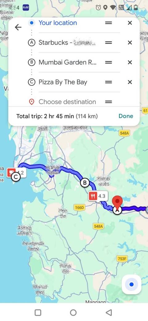 Screenshot showing stops along the route in Google Maps