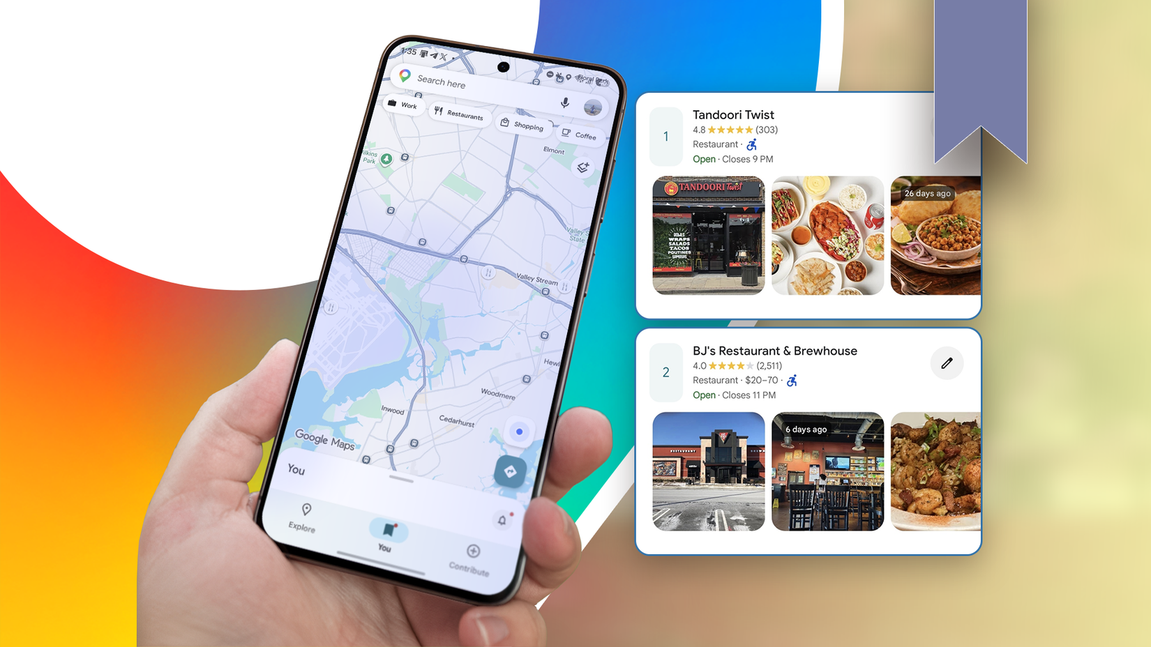 Google Maps showing saved restaurants beside a phone displaying the map