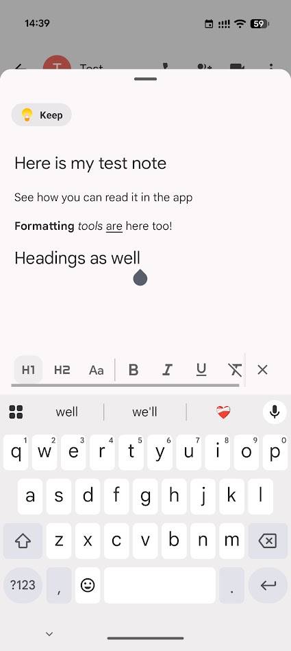 google messages showing google keep attachment window