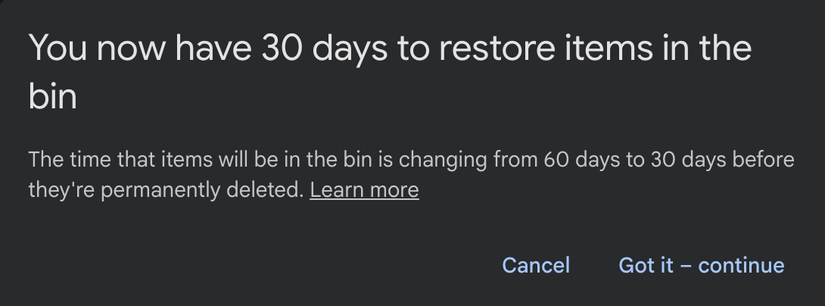 Avviso di eliminazione dopo 30 giorni in Google Foto