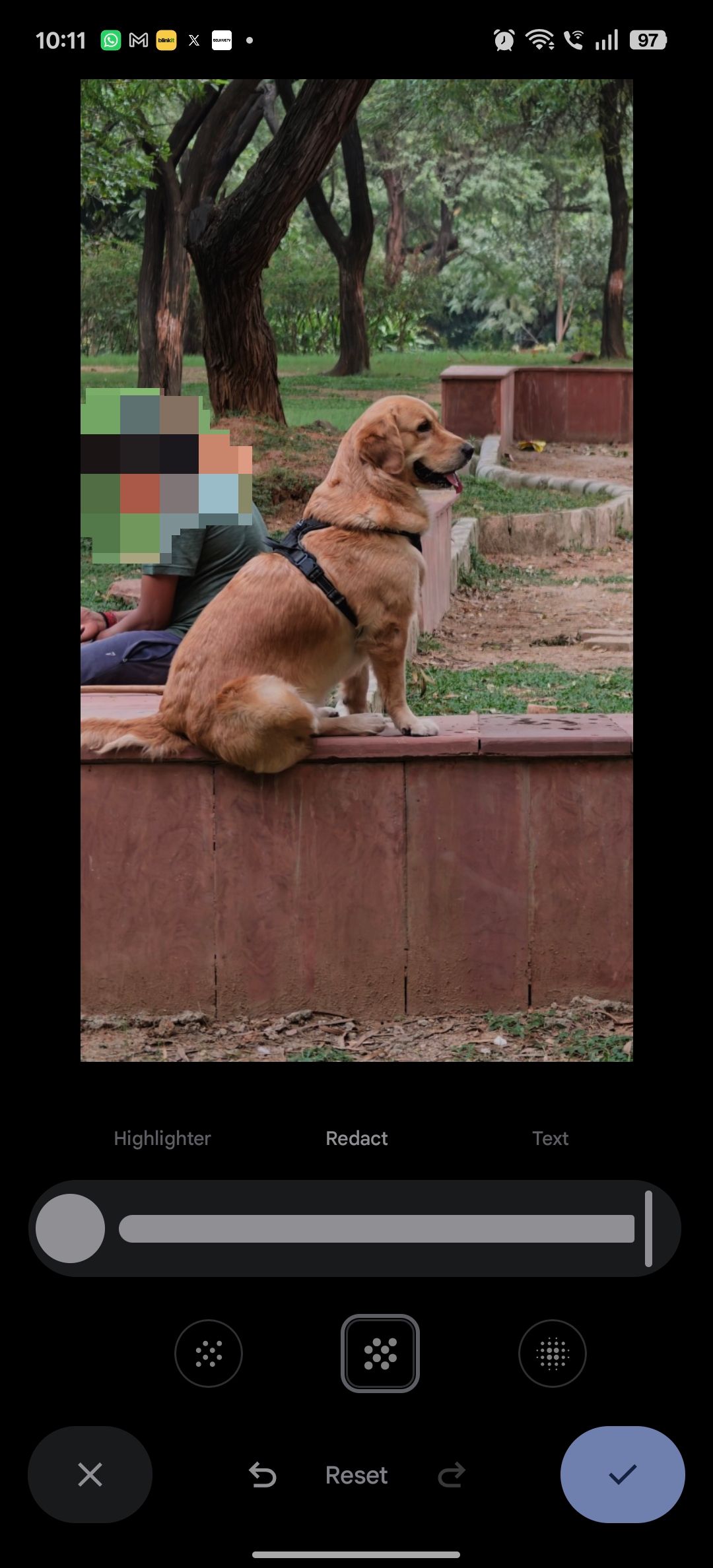 A person's face redacted using Mosaic style in Google Photos using redact markup tool