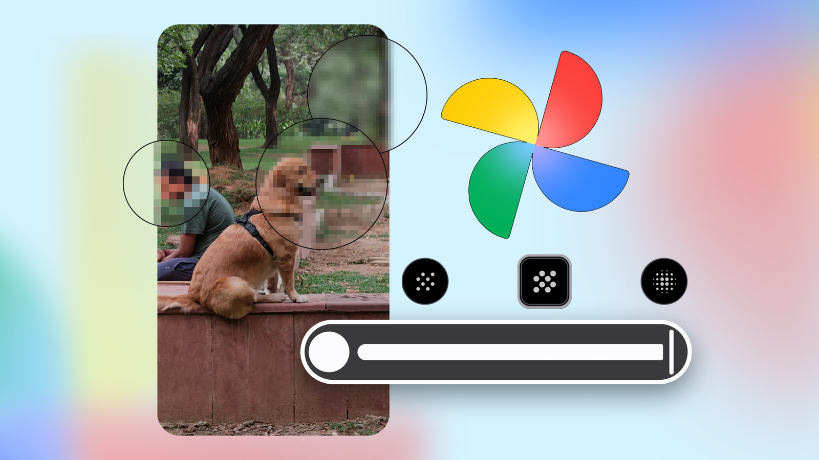 Google Photos Redact tool showing blurred and pixelated areas on a photo.
