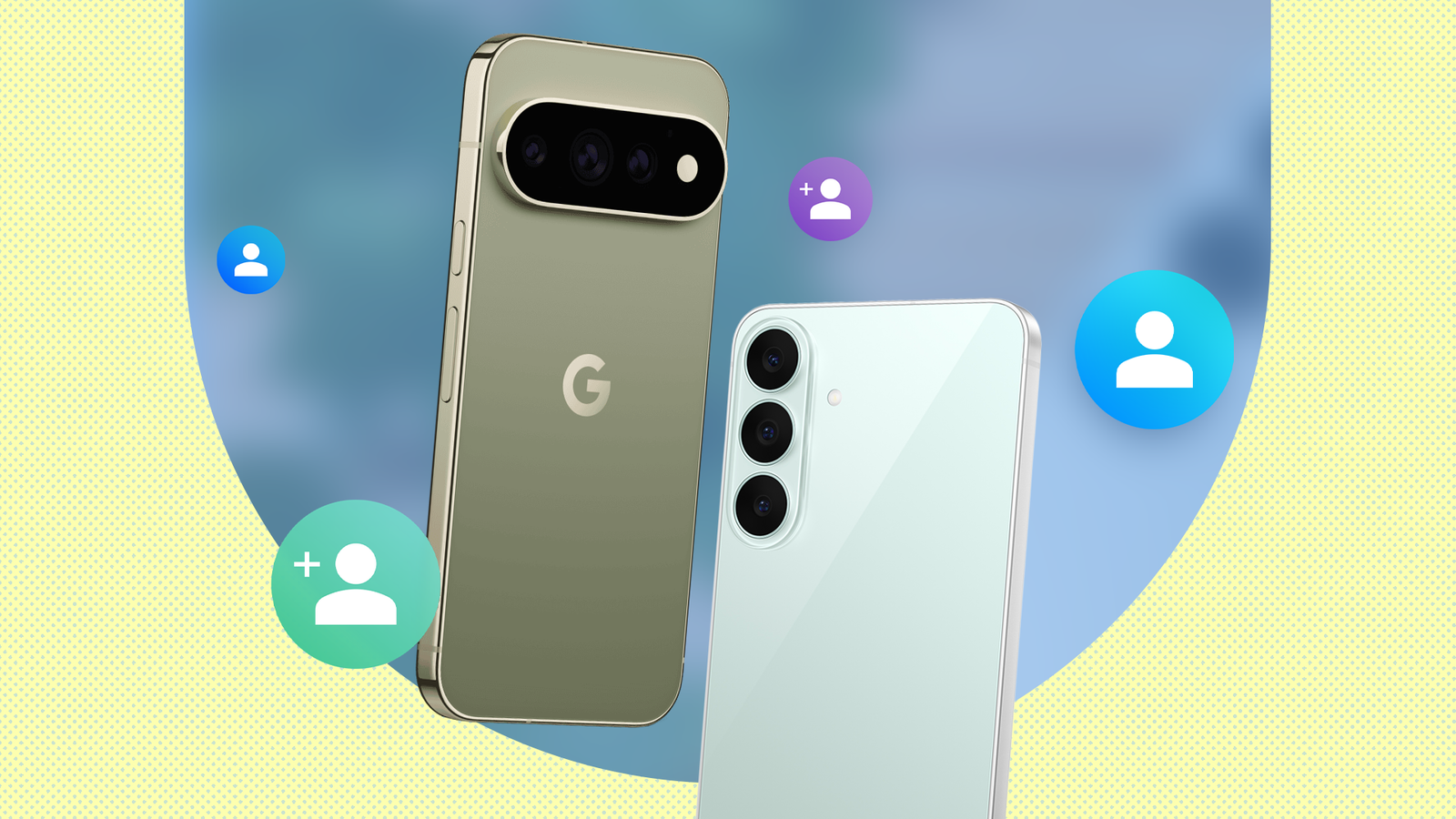 Google Pixel and Samsung Galaxy phones surrounded by user profile icons.