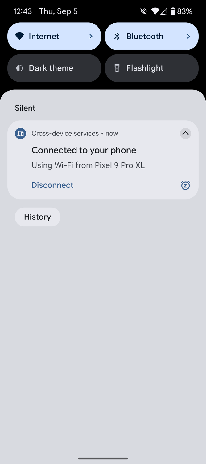 Screenshot showing a Cross device services pop-up