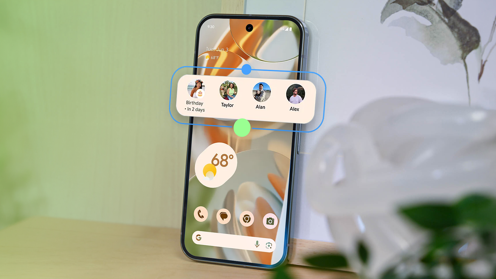 Google Pixel phone showing the Pixel VIPs widget with favorite contacts on the home screen.