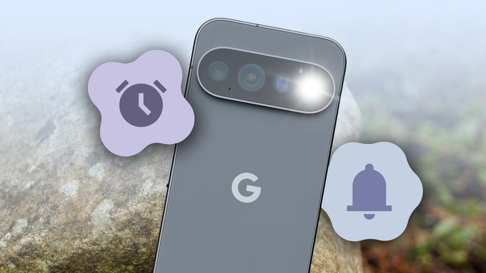 Google Pixel phone with the camera flash on, surrounded by alarm and notification icons.