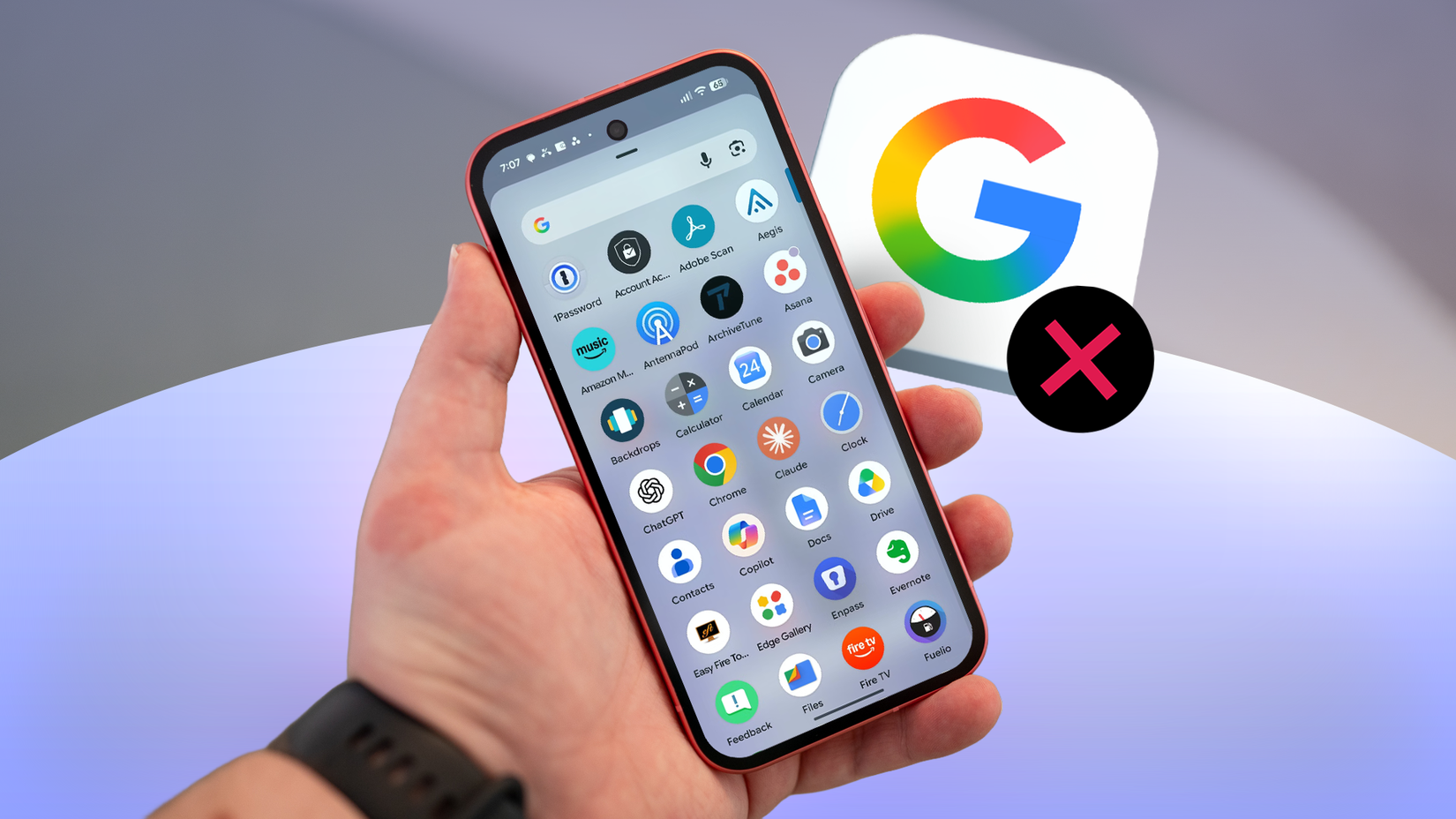 Google Pixel showing its app drawer beside a Google logo with a red X.