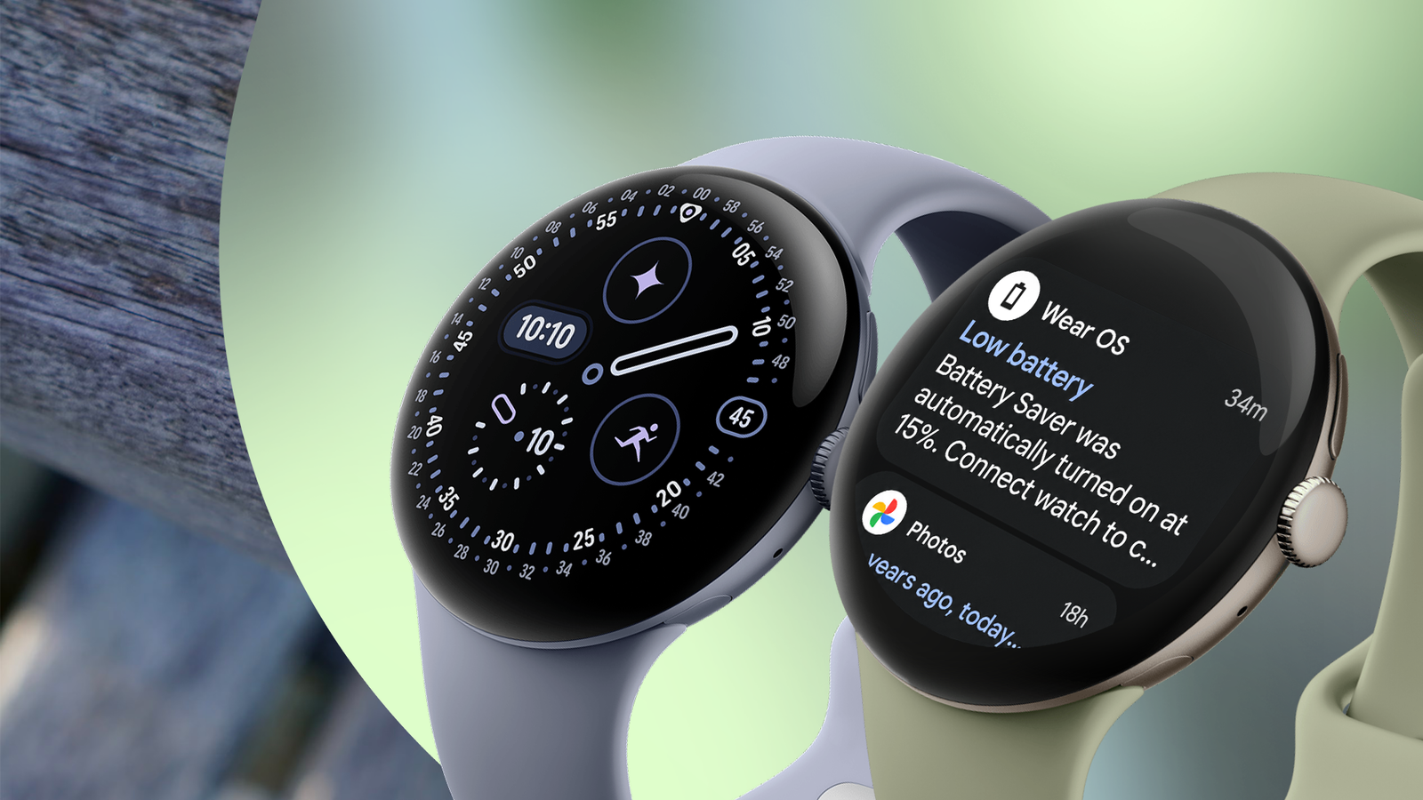 Google Pixel Watch 4 and Pixel Watch 5 side by side, with the Pixel Watch 5 showing a low battery notification.