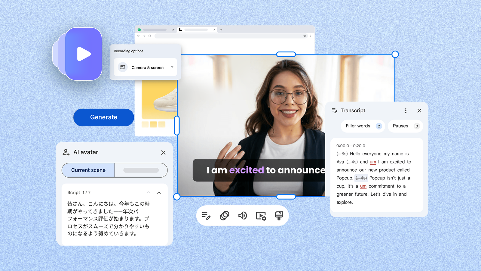 Google Vids interface showing AI video generation, an AI avatar, and transcript editing.