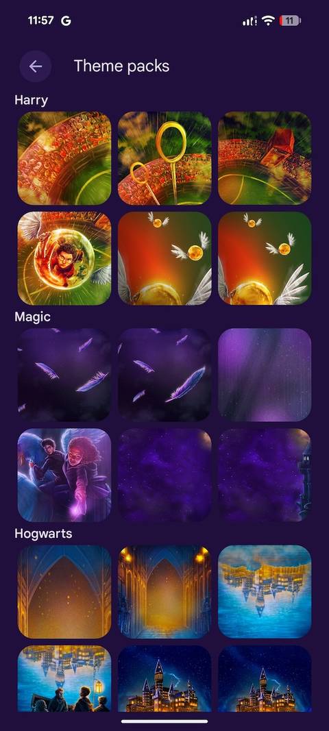 Theme packs screen showing Harry Potter-inspired wallpapers