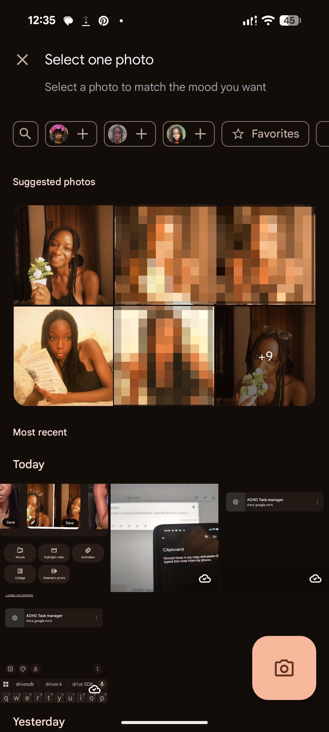 Photo selection screen displaying suggested images and recent camera roll shots