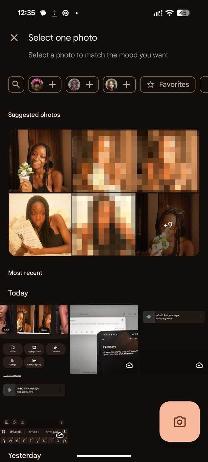 Photo selection screen displaying suggested images and recent camera roll shots