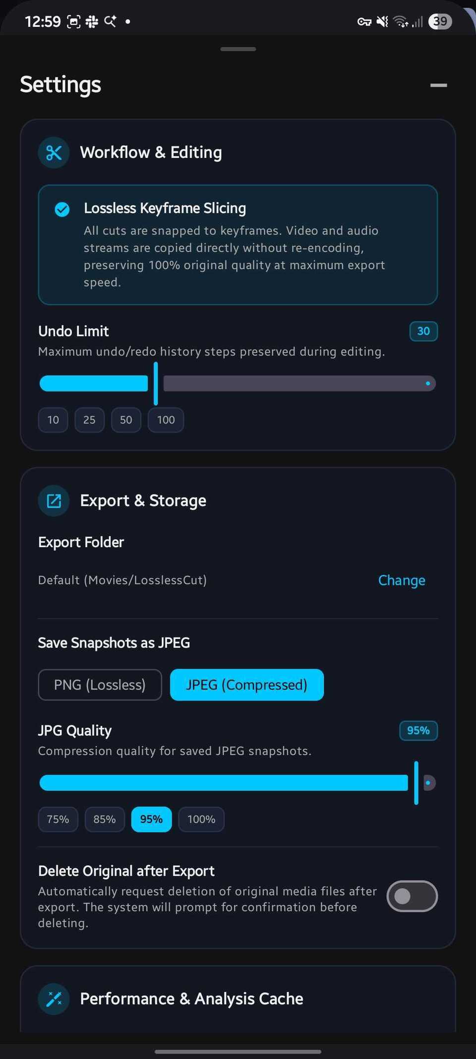 Screenshot showing Settings in the LosslessCut app
