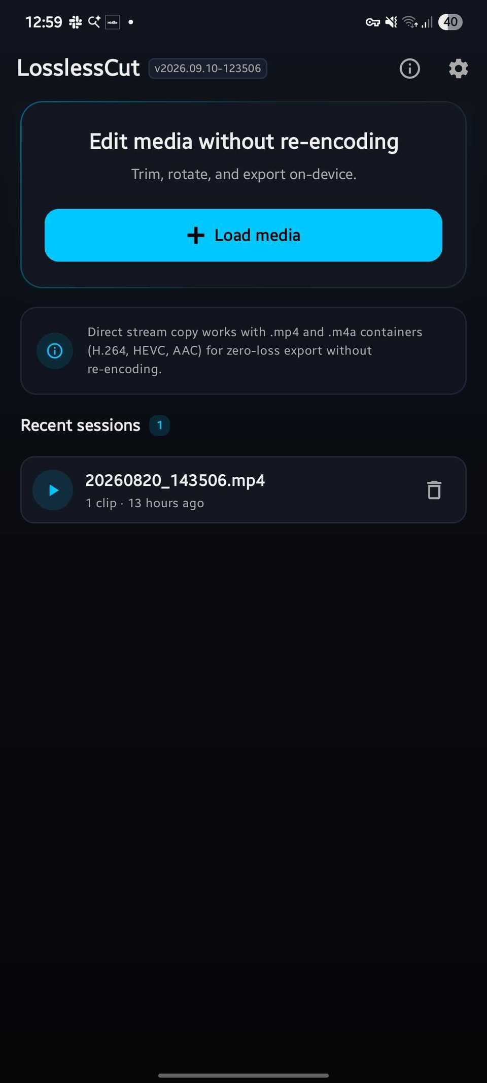Screenshot showing the load media screen in the LosslessCut app