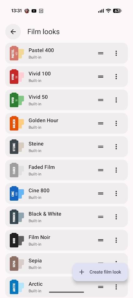 list of film effect settings
