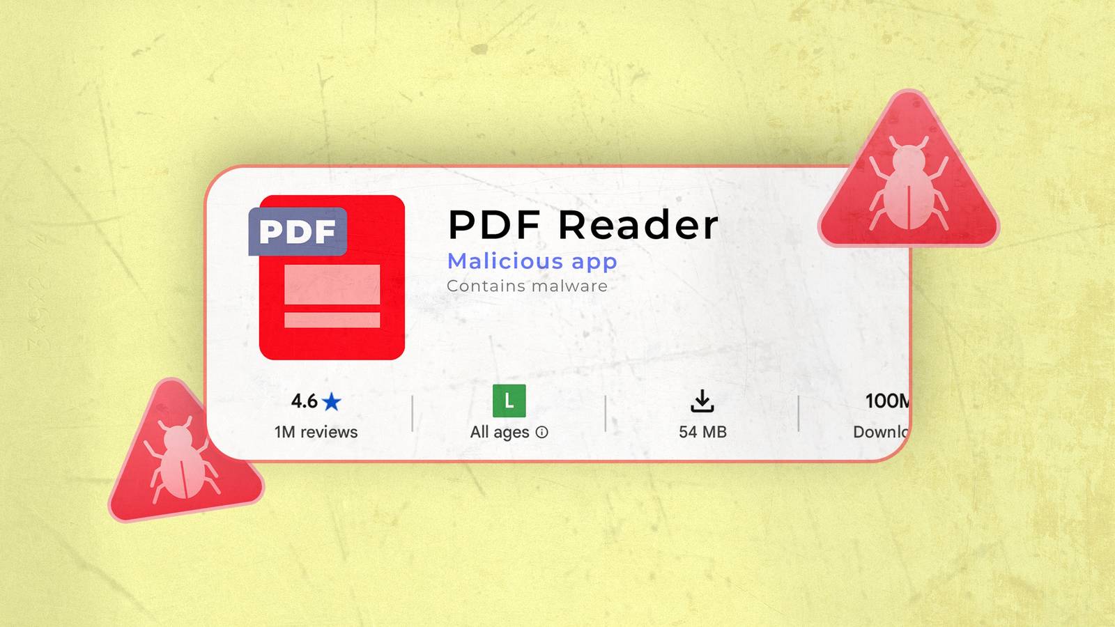 Malicious PDF reader app listing surrounded by red malware warning icons.