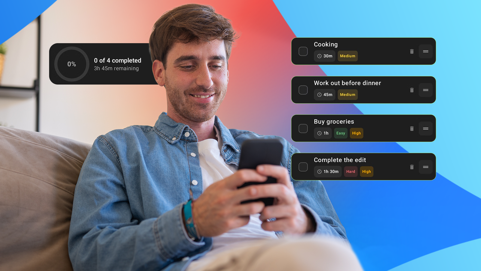 Man using a phone beside an AI-organized to-do list with tasks, priorities, and progress.