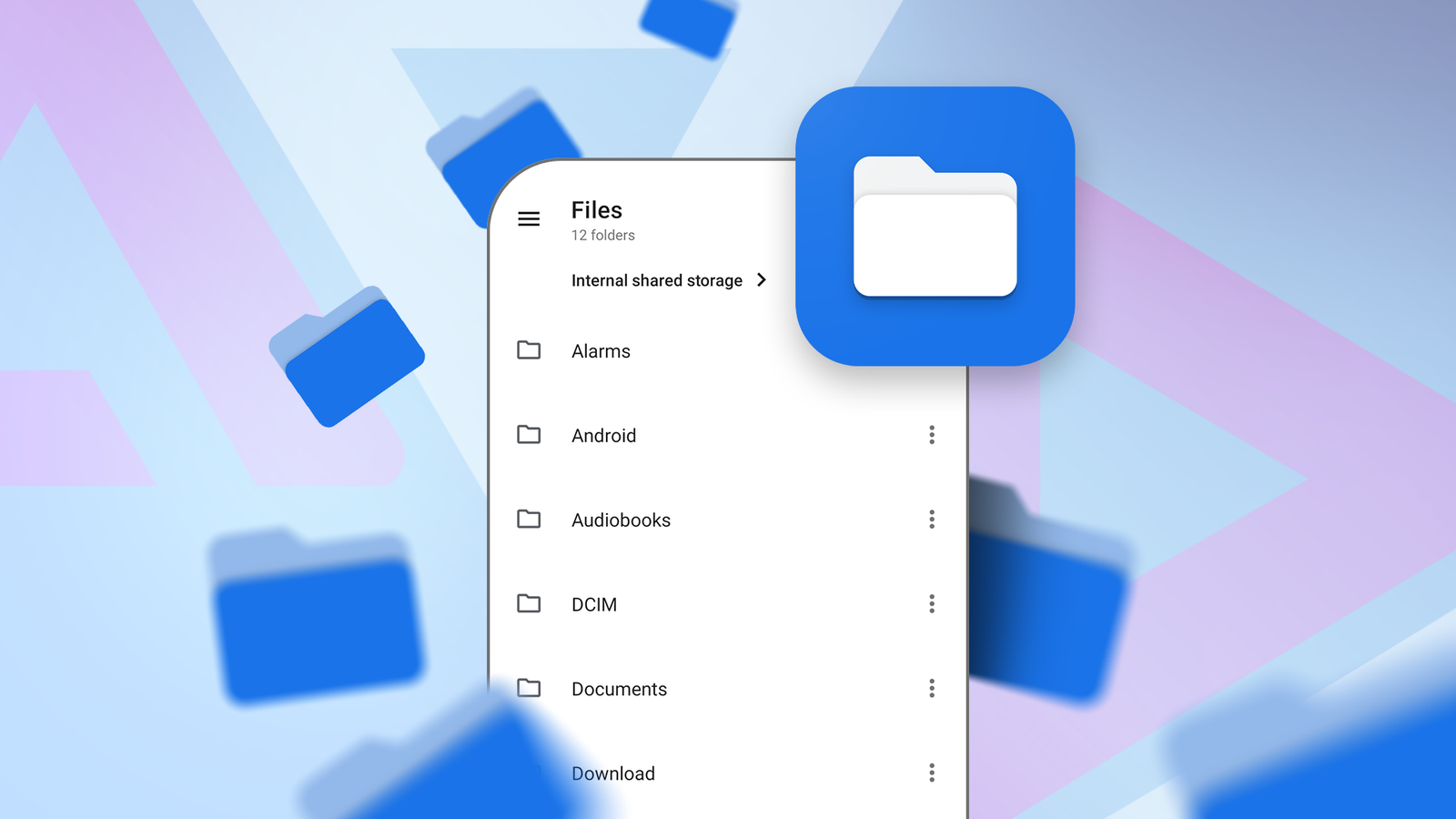 Material Files app interface surrounded by blue folder icons.