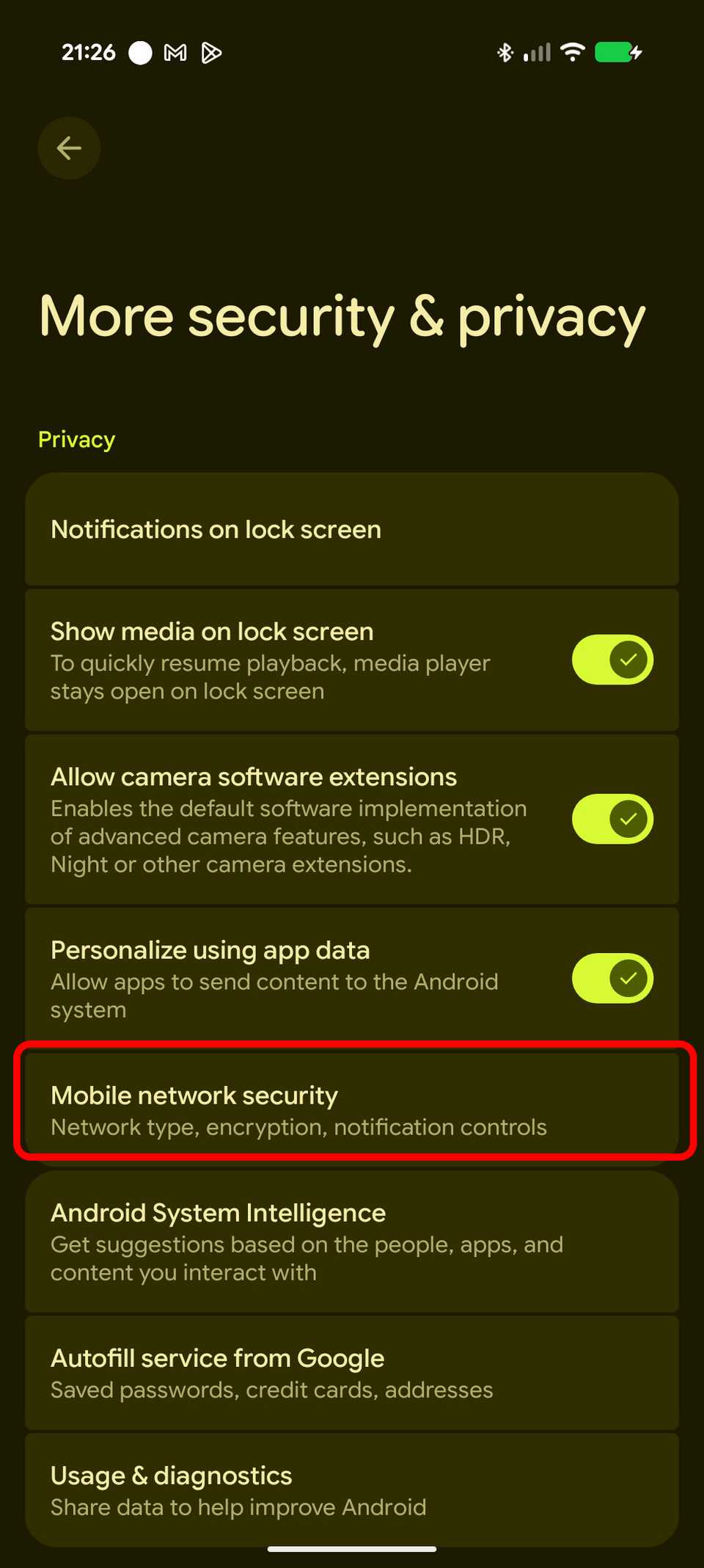 Mobile security settings highlighted