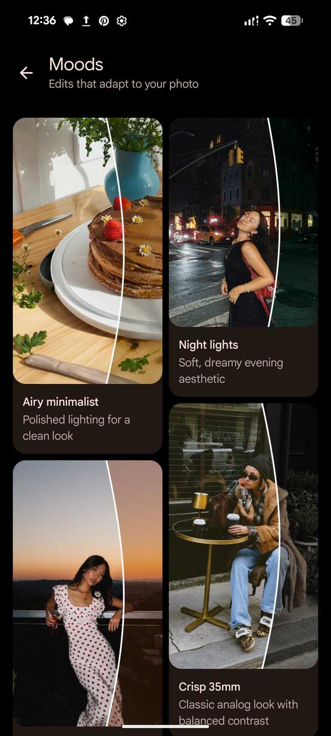 Moods preset screen on Google Photos displaying different filter styles