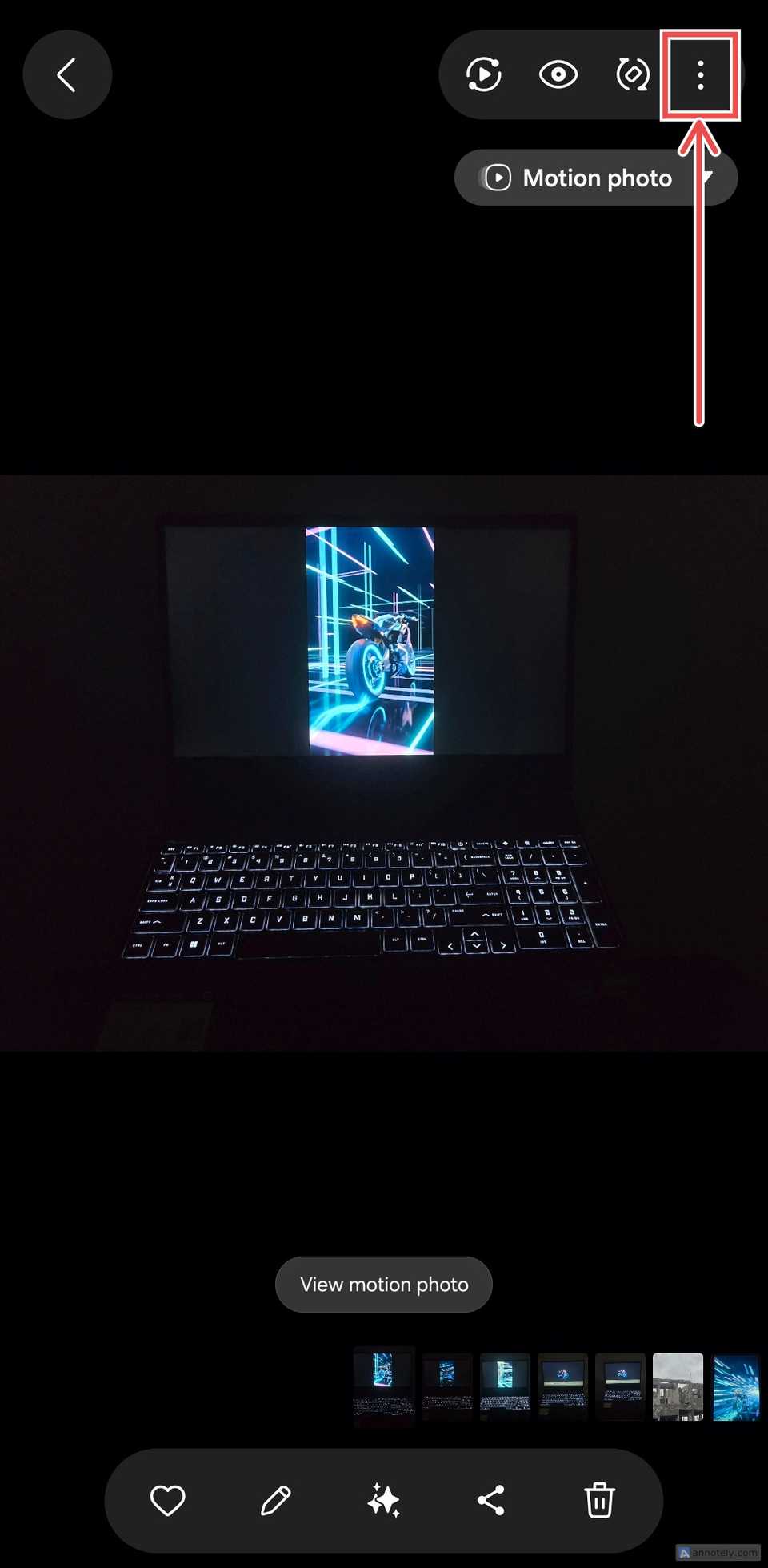 Samsung Gallery showing a motion photo with three-dot menu button highlighted.