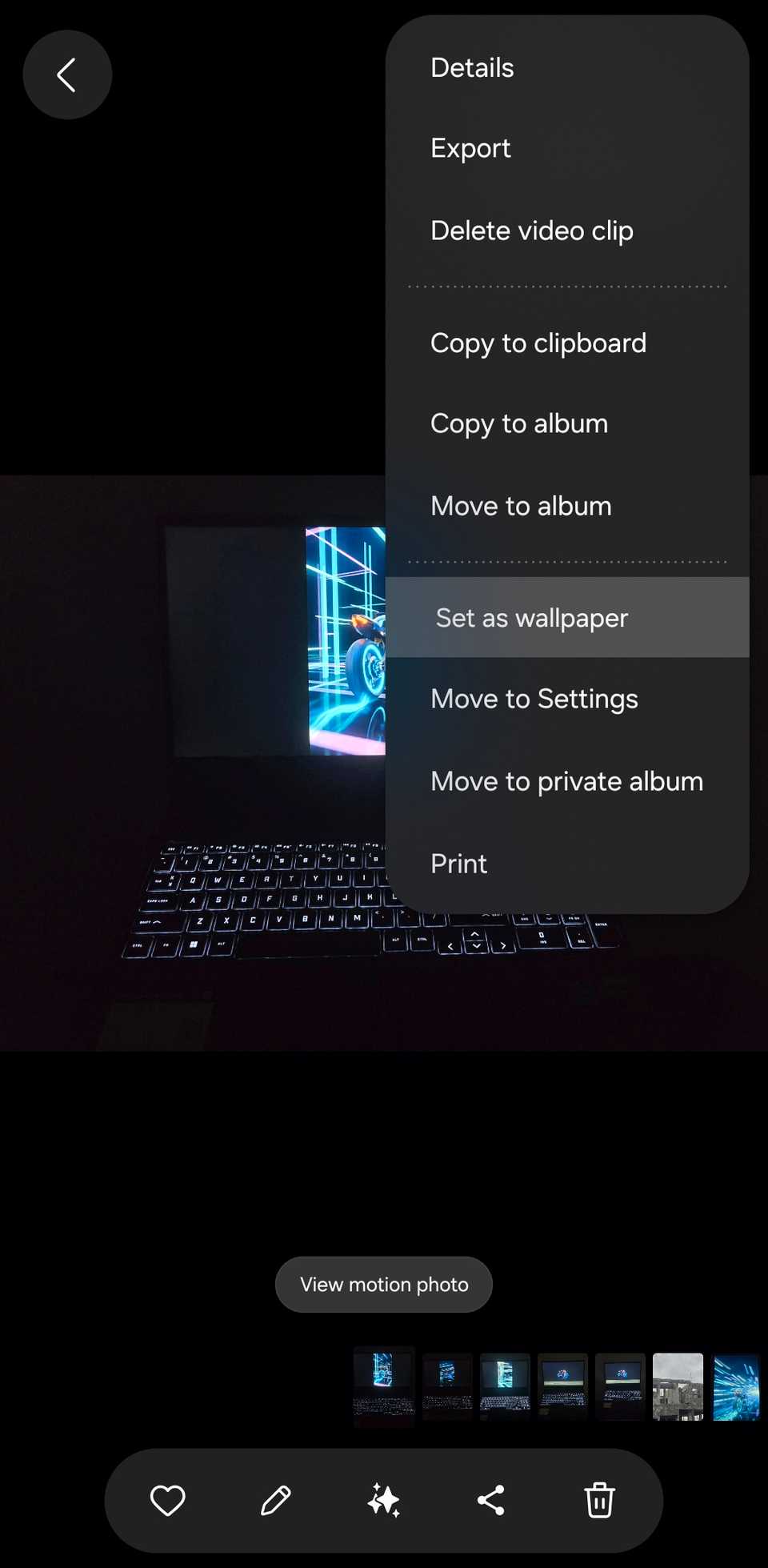 Samsung Gallery showing a motion photo with 'Set as wallpaper' highlighted.