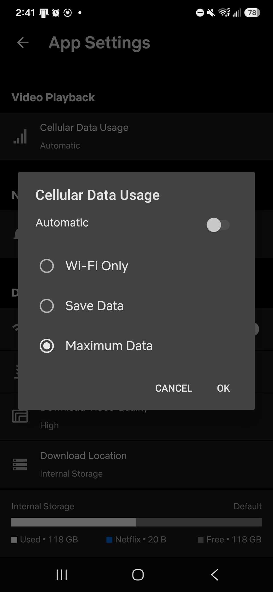 limite massimo di dati selezionato per l’utilizzo dei dati mobili per l’app Netflix