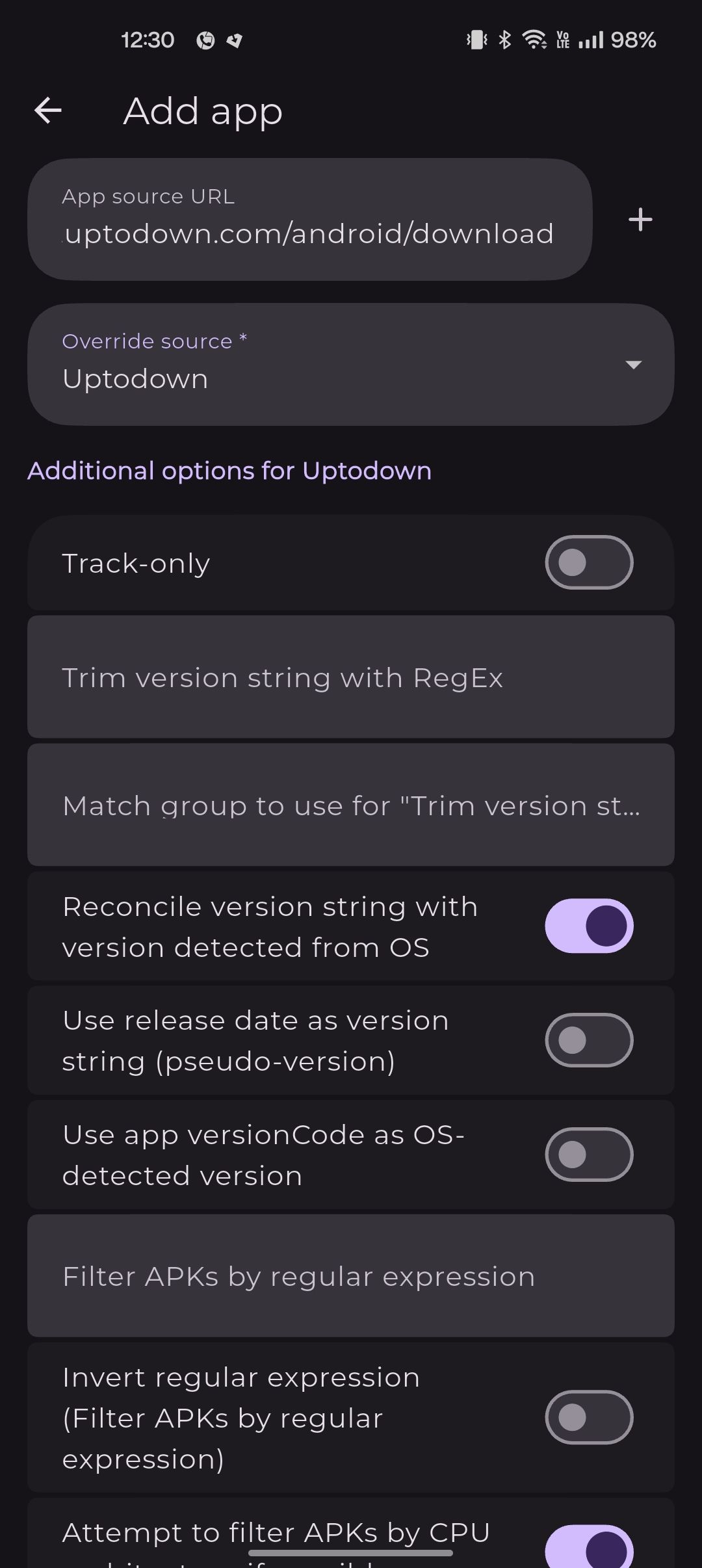 Obtainium add app page showing filter options