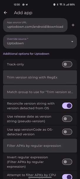 Obtainium add app page showing filter options