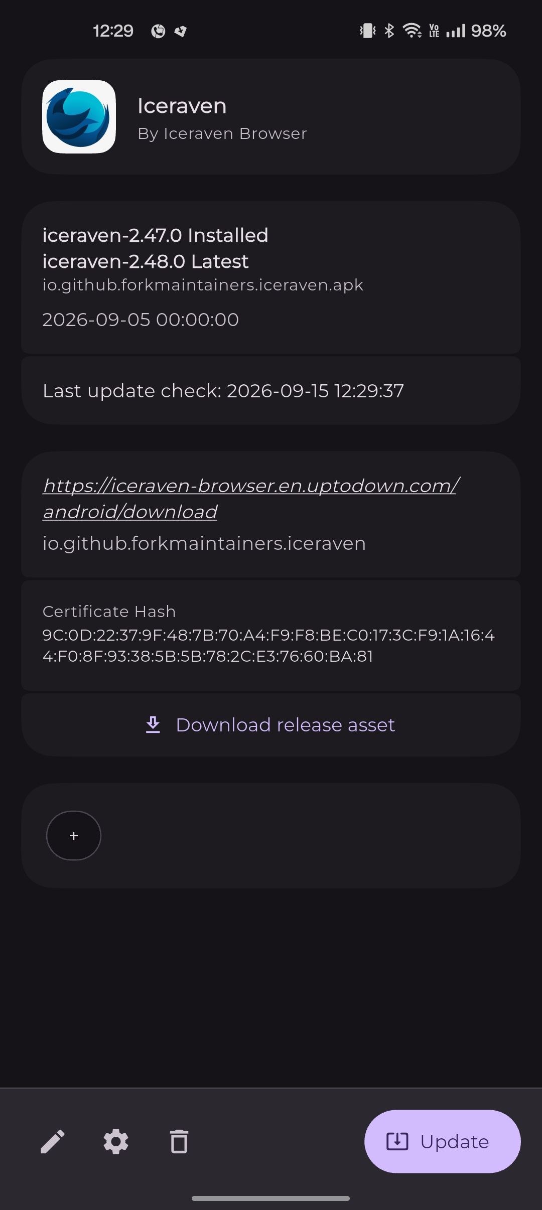 Iceraven update details in Obtainium