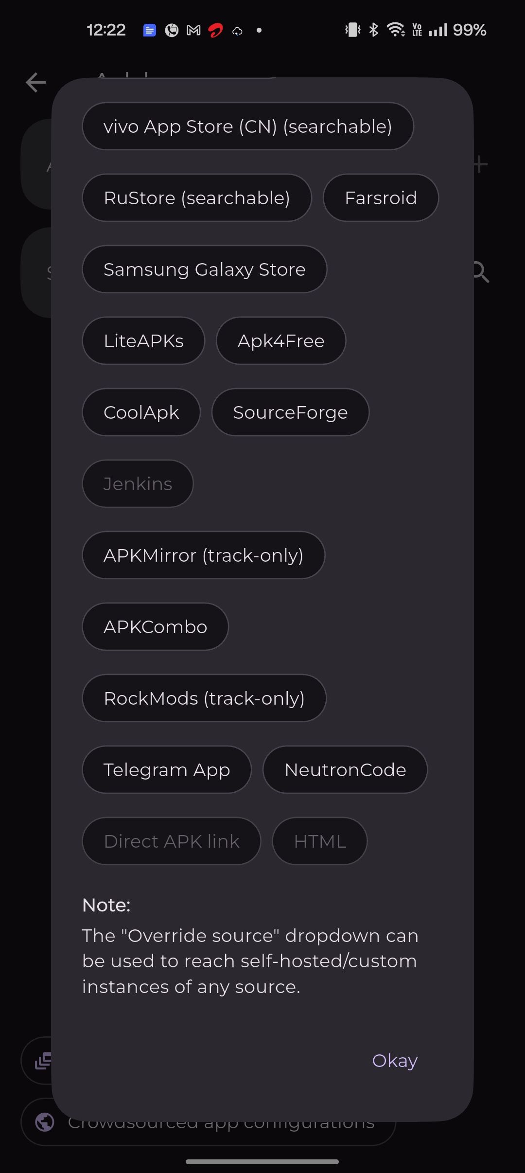 Obtainium showing supported sources for updates