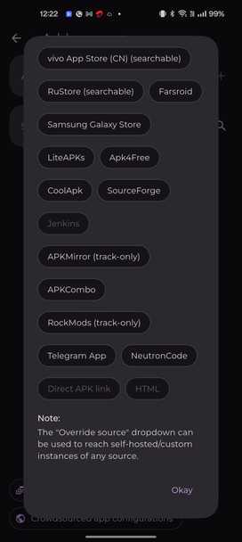 Obtainium showing supported sources for updates