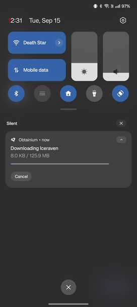 Obtainium downloaded Iceraven update showing download progress